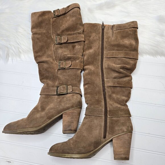 Sofft Women's Colorado Tall Leather Boots Size 10 Brown Tan Suede 3" Block Heel - Picture 1 of 7